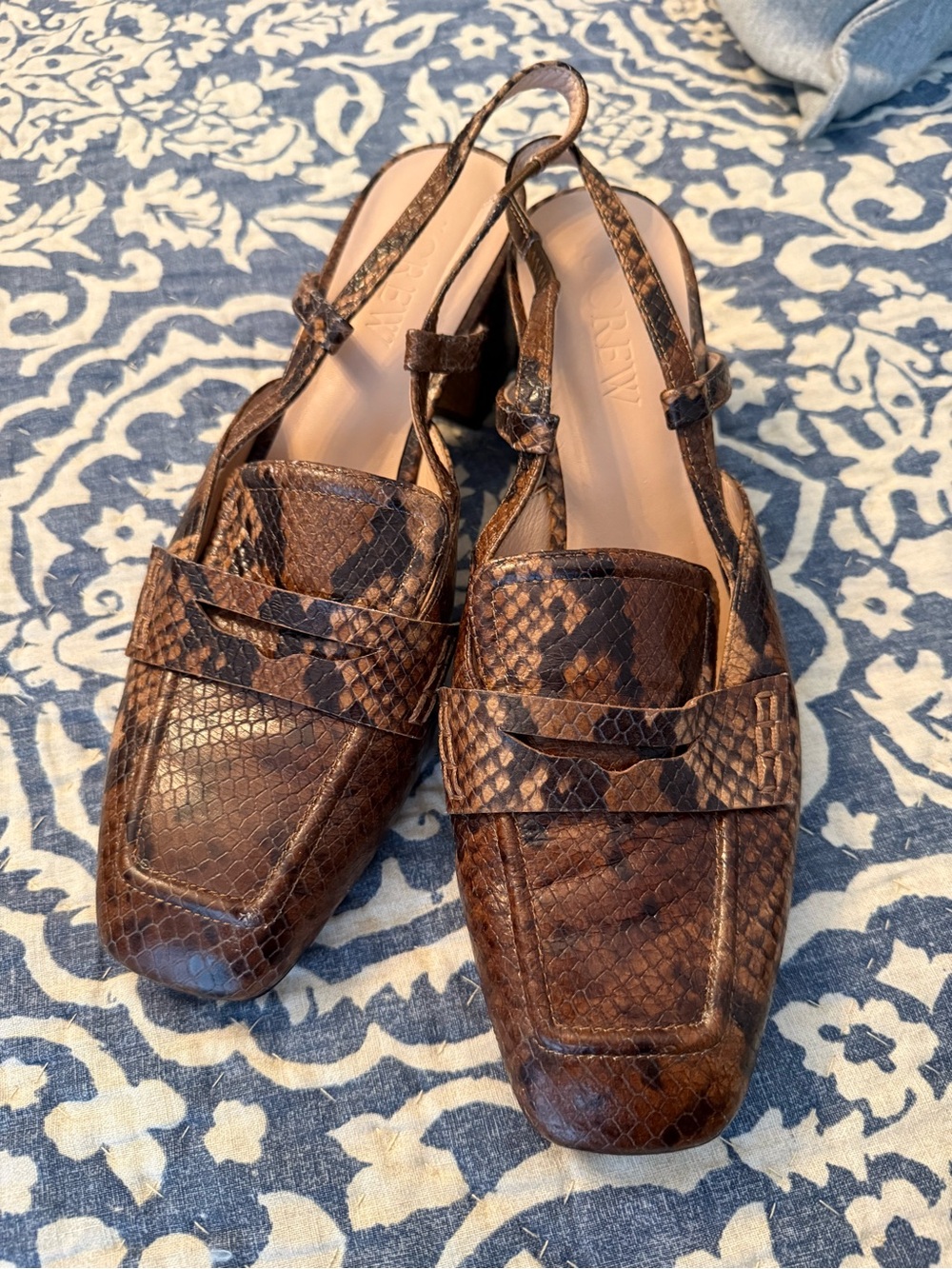 J. Crew Brown Snake-Print Slingback Loafers